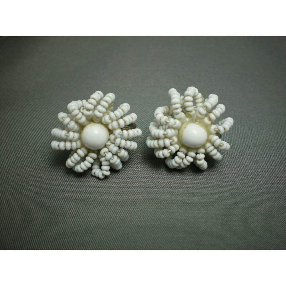 Vintage White Beaded Screw Back Earrings